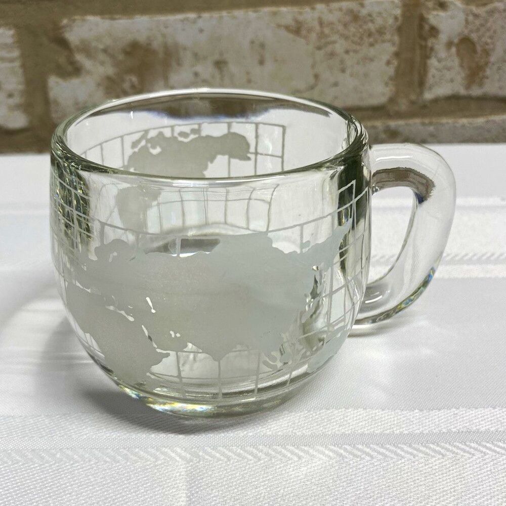 Nestlé Clear Glass Coffee Mug White World Map Geometric Grid Decorated 7.3oz MCM